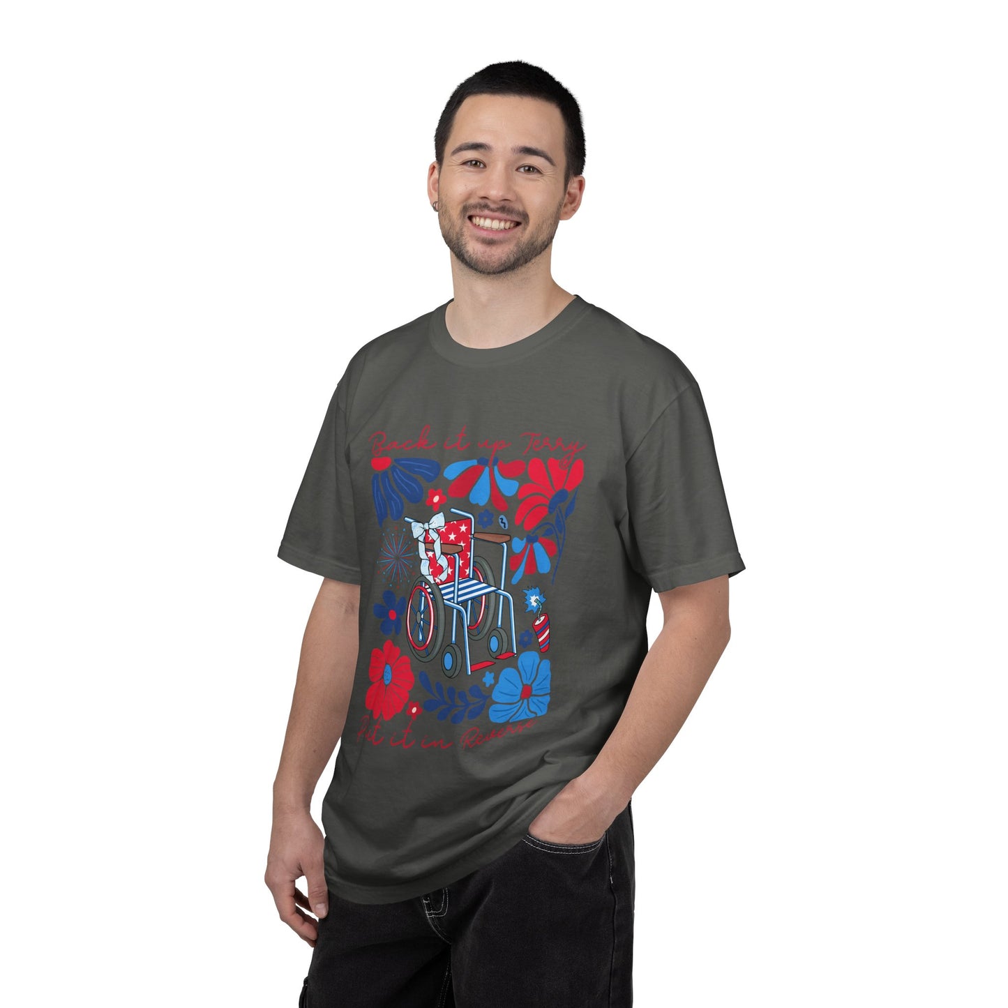 Fourth of July Beach Wheelchair T-Shirt — Patriotic Floral "Pack it up, Jerry" Tee