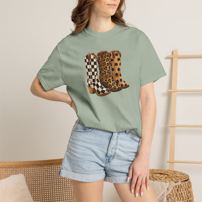 Cowgirl Boots Graphic T-Shirt — Checker & Leopard Print Western Tee