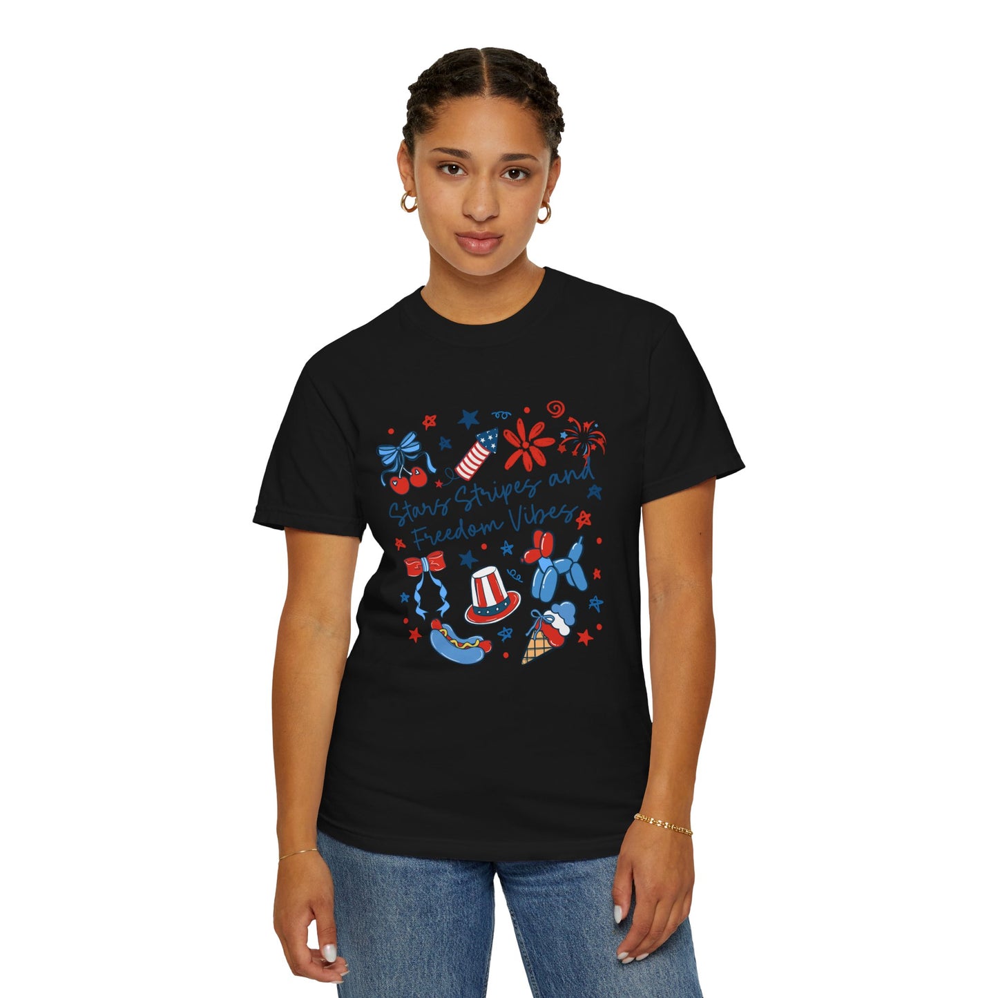 Patriotic 4th of July T-Shirt — "Stars, Stripes and Freedom Vibes" Graphic Tee
