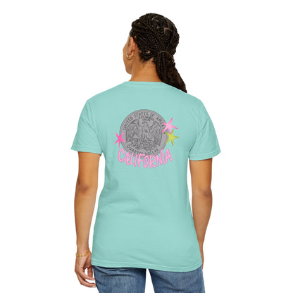California Coin Graphic Tee — 'California' Retro Neon Stars T-Shirt