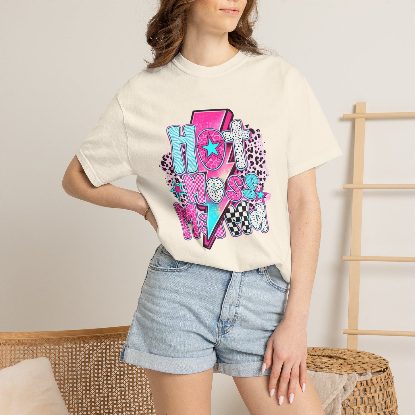 Retro Hot Mess Mama T-Shirt — Pink Lightning Graphic Tee