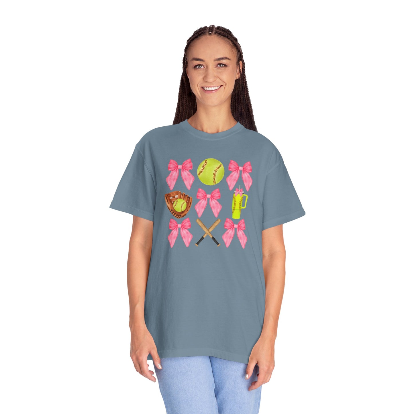 Softball Mom Graphic T‑Shirt — Pink Bows, Glove & Bat Design