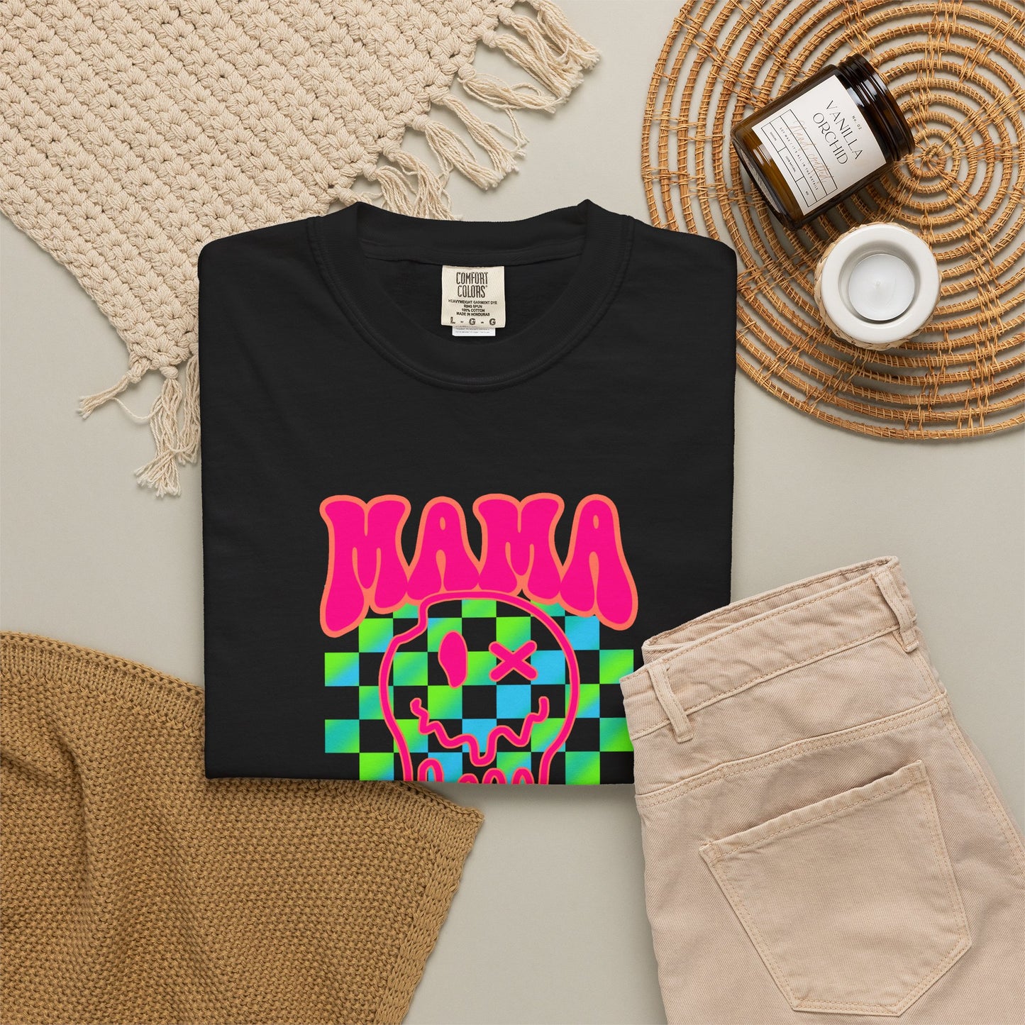 Mama Meltdown Graphic T-Shirt — Neon Checkerboard Drip Design