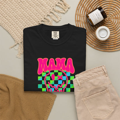 Mama Meltdown Graphic T-Shirt — Neon Checkerboard Drip Design