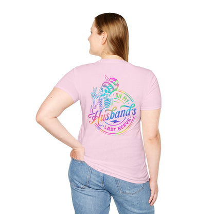 T-Shirt — 'On My Husband's Last Nerve' Rainbow Skeleton Graphic Tee