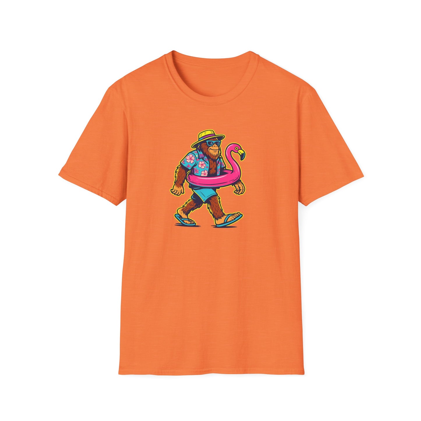 Beach Vacation Bigfoot Tee — Funny Sasquatch with Flamingo Float Shirt