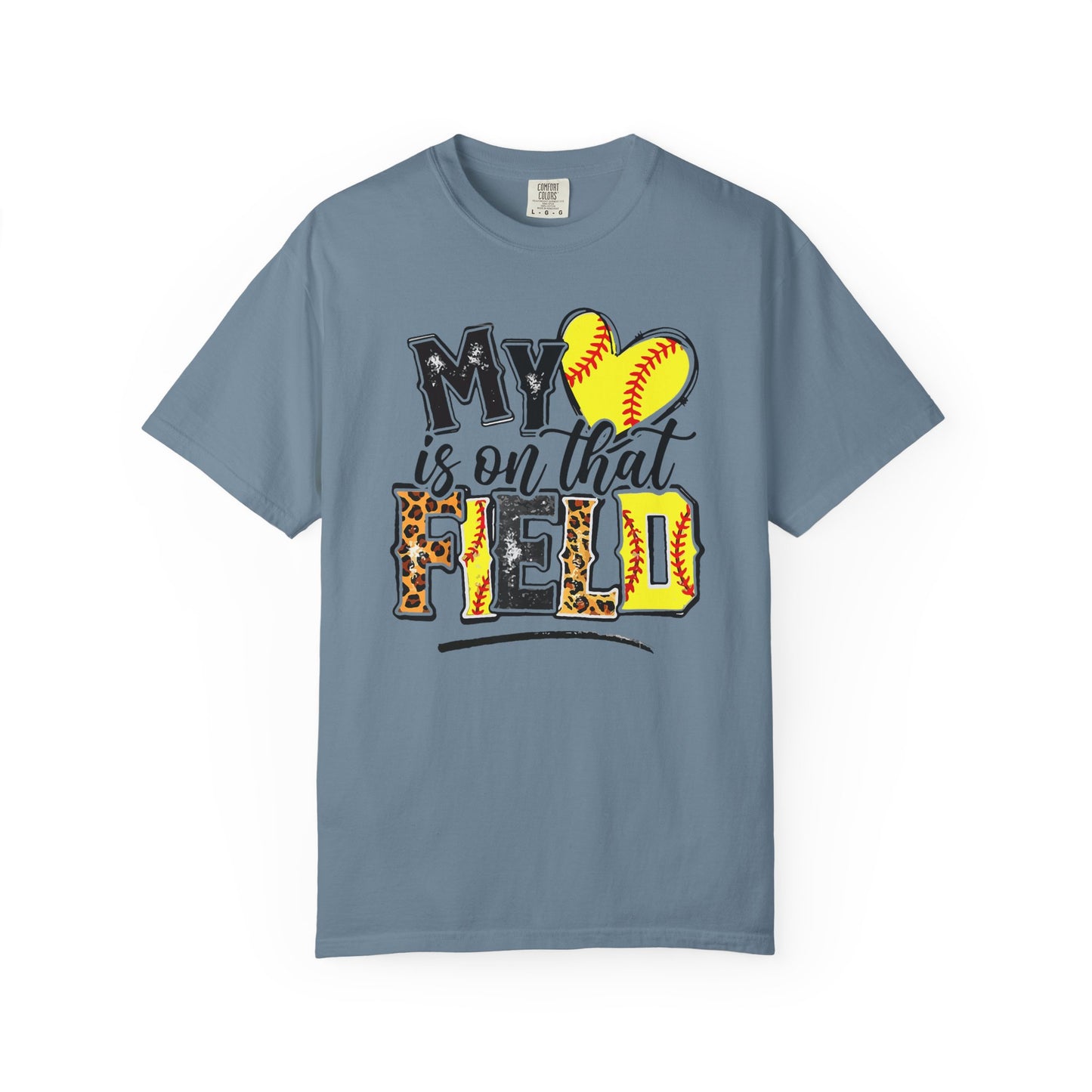 Softball Mom T-Shirt - "My Heart is on That Field" Leopard Stitch Design