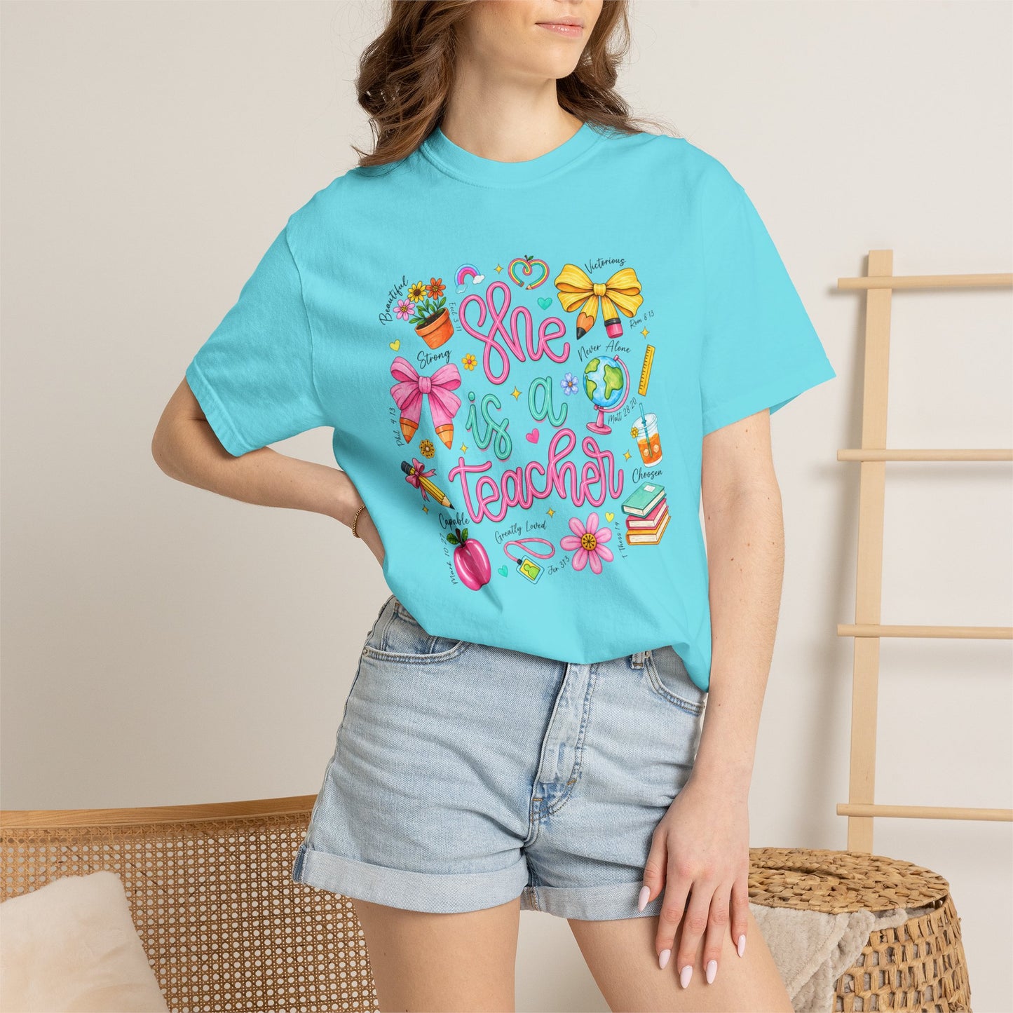 Teacher T-Shirt — "She is a Teacher" Cute School Supplies Design