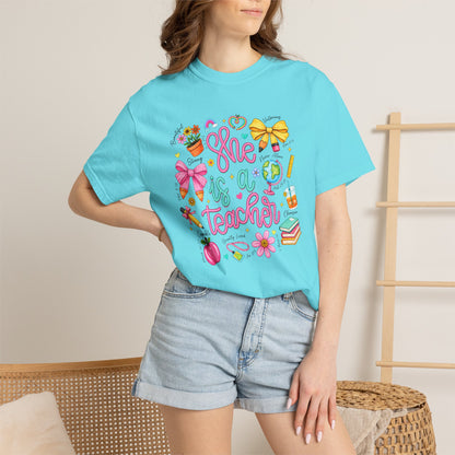 Teacher T-Shirt — "She is a Teacher" Cute School Supplies Design