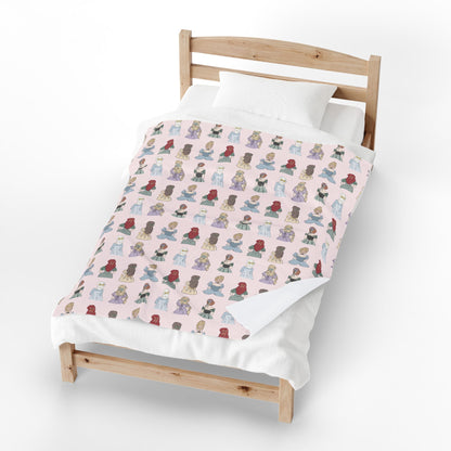 Princess Pattern Velveteen Plush Blanket – Cute Fairy Tale Dolls on Pink
