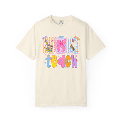 Teacher Gift T‑Shirt — Colorful 'Teach' Classroom Apple & Supplies Design