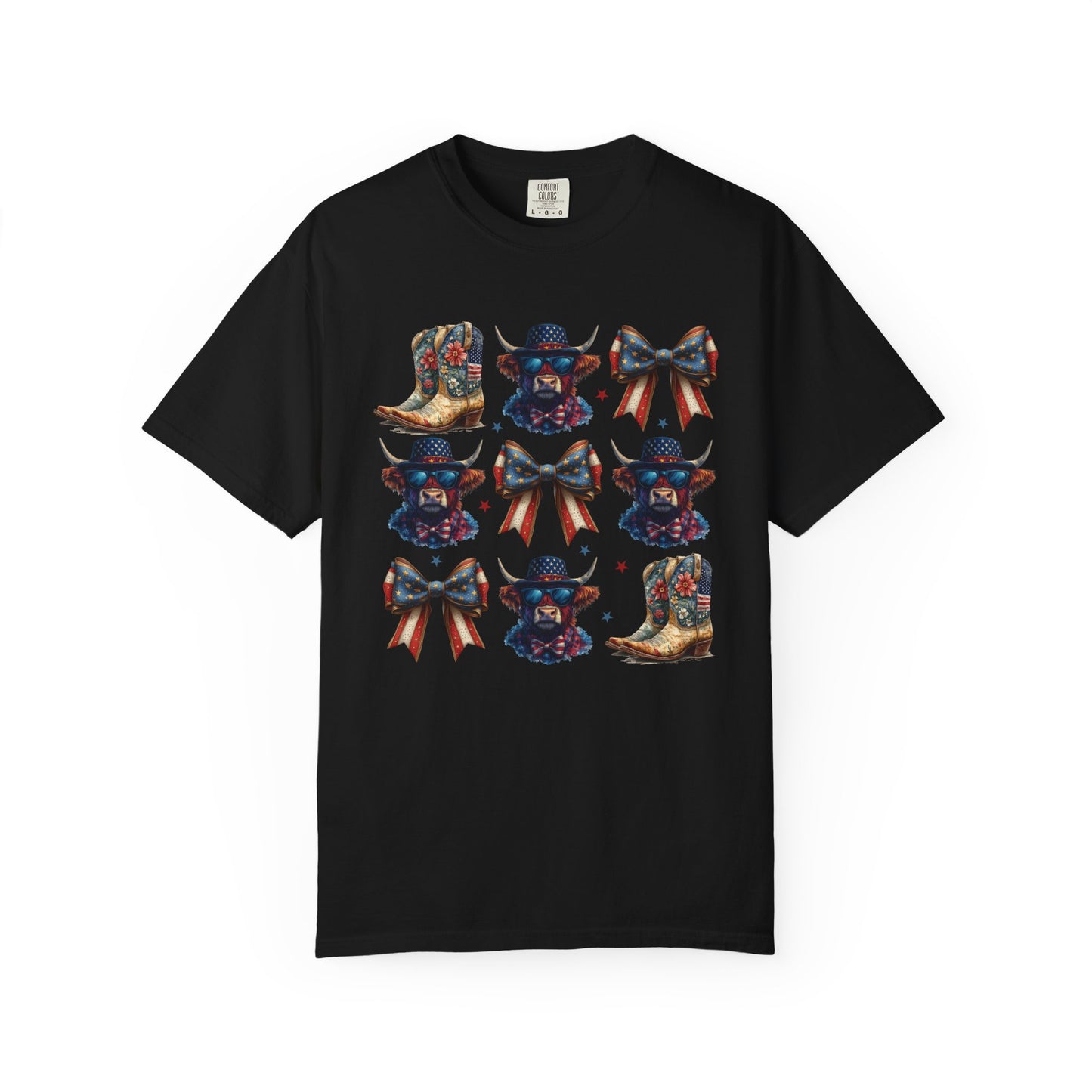 Patriotic Cowboy Icons T-Shirt — Western Boots, Hats & Bows Graphic Tee