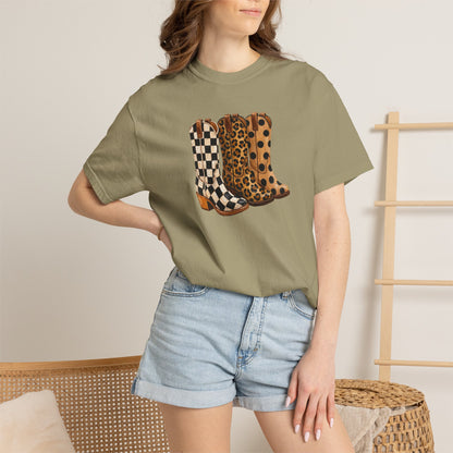 Cowgirl Boots Graphic T-Shirt — Checker & Leopard Print Western Tee