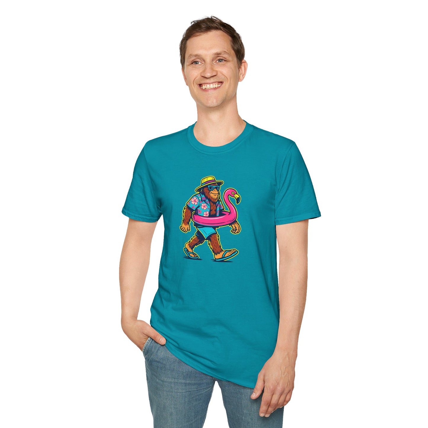 Beach Vacation Bigfoot Tee — Funny Sasquatch with Flamingo Float Shirt