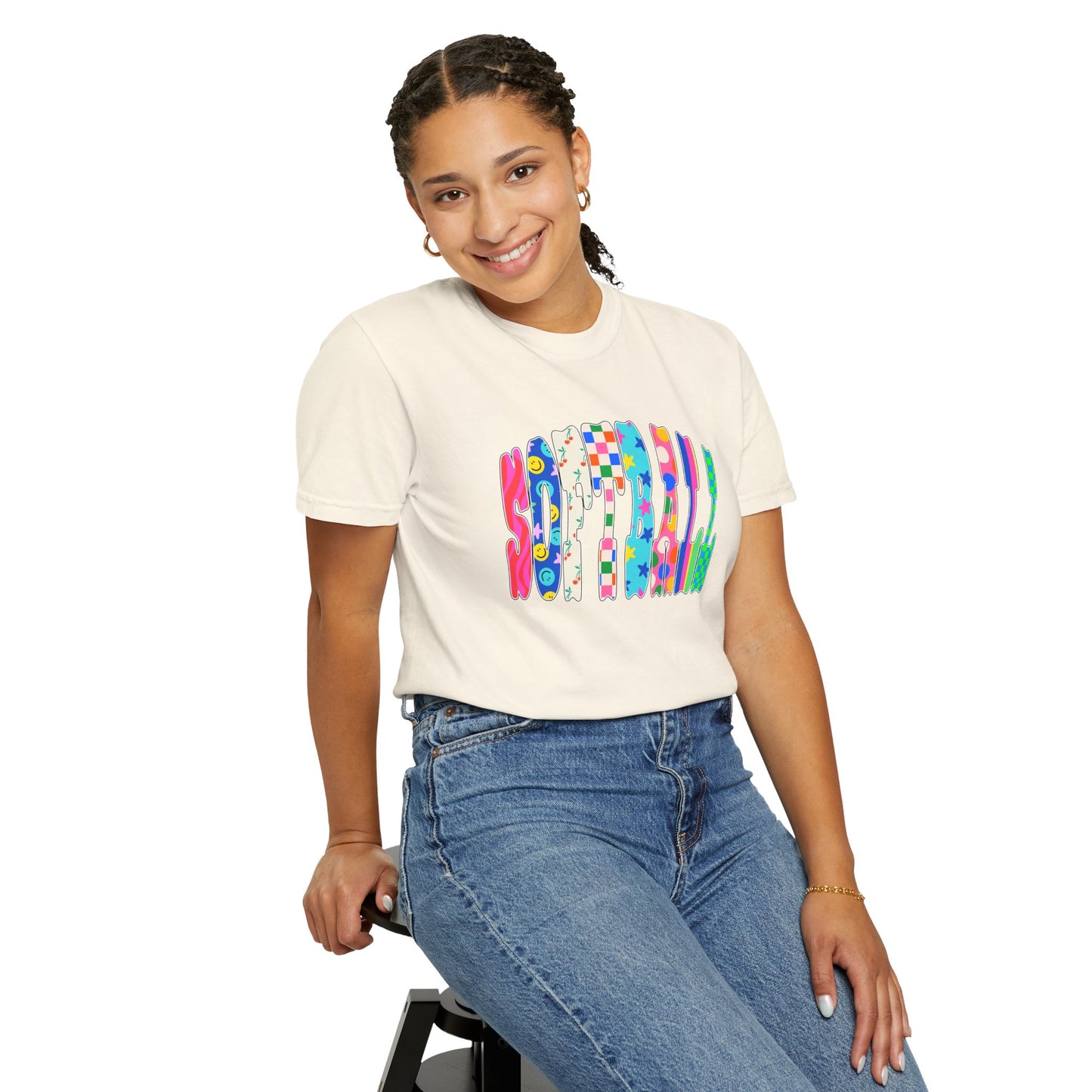 Smile Block Graphic T-Shirt — Colorful Patterned 'SMILE' Design