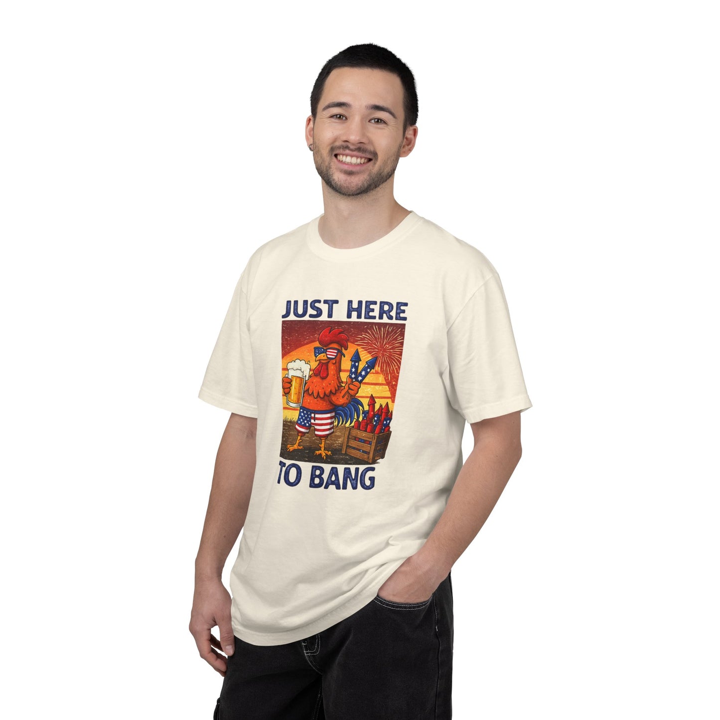 T-Shirt — "Just Here to Bang" Rooster Liberty BBQ Graphic Tee
