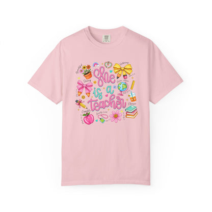 Teacher T-Shirt — "She is a Teacher" Cute School Supplies Design
