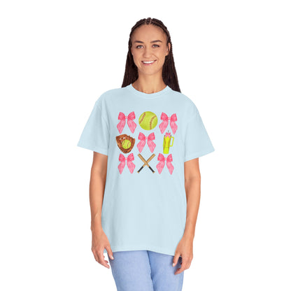 Softball Mom Graphic T‑Shirt — Pink Bows, Glove & Bat Design