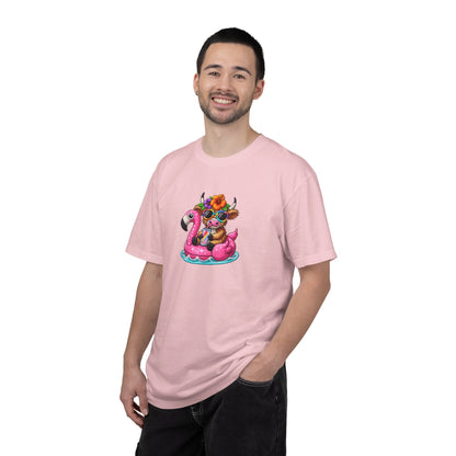 Cute cow on Pink Flamingo Float Graphic T-Shirt — Summer Pool Party Tee