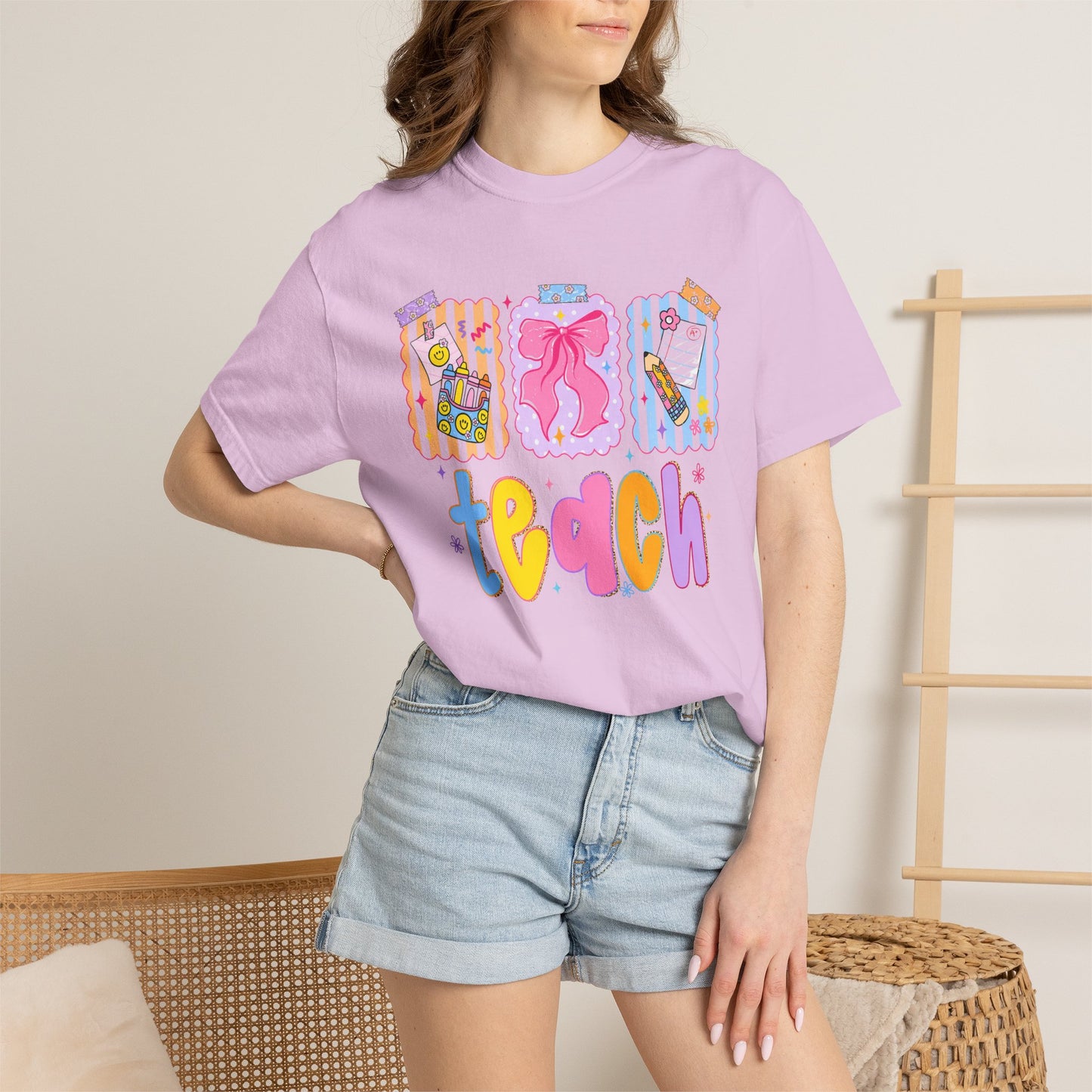Teacher Gift T‑Shirt — Colorful 'Teach' Classroom Apple & Supplies Design