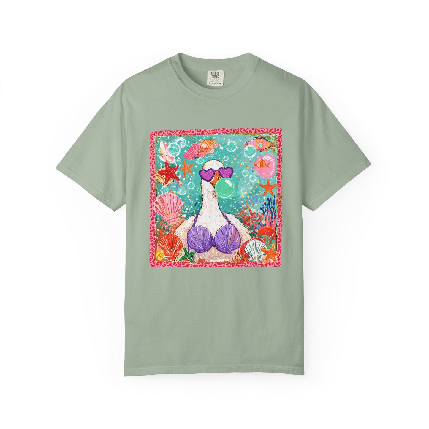 Sea Duck Mermaid T-Shirt — Whimsical Beach Graphic Tee with Sunglasses & Shell Bra