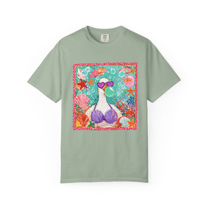 Sea Duck Mermaid T-Shirt — Whimsical Beach Graphic Tee with Sunglasses & Shell Bra