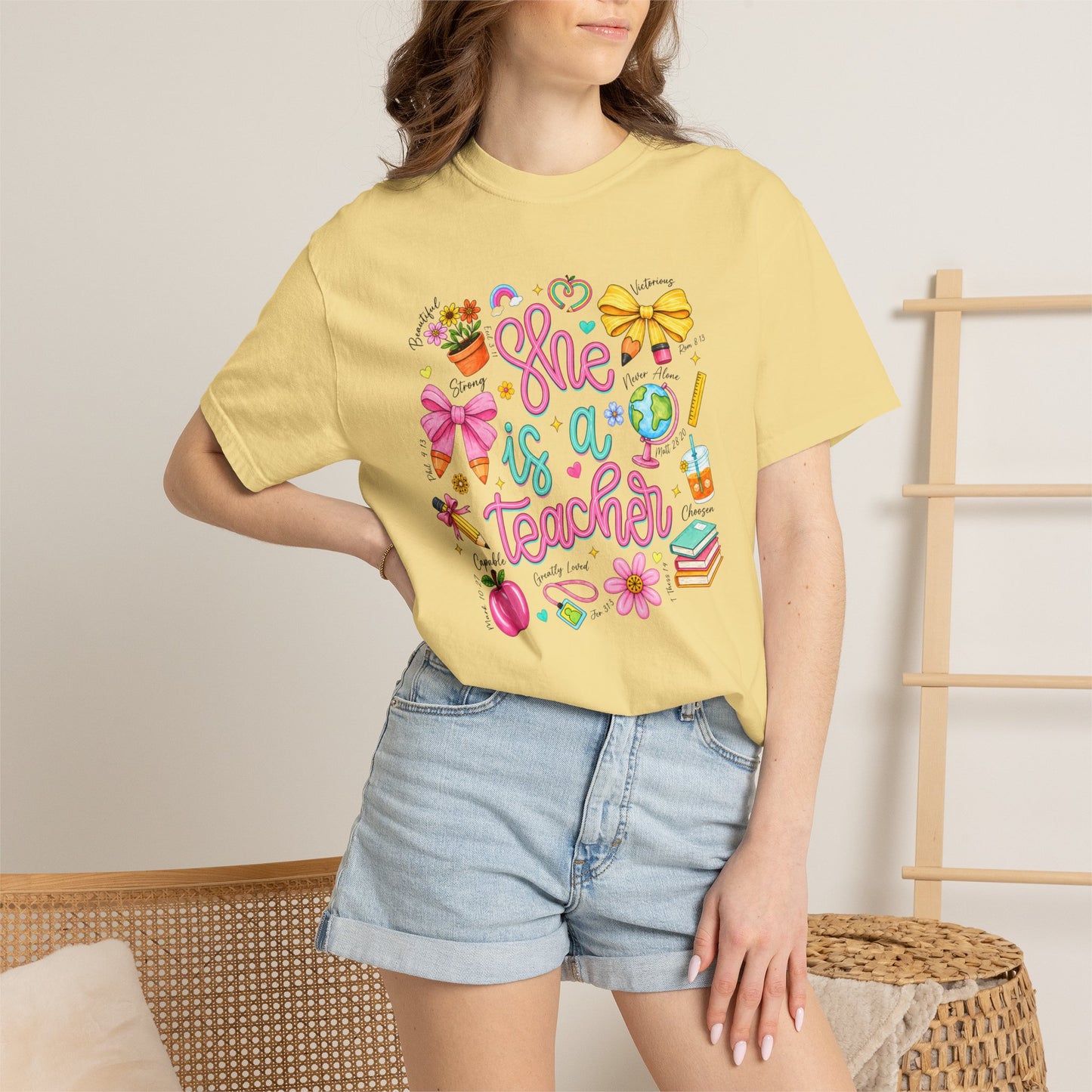 Teacher T-Shirt — "She is a Teacher" Cute School Supplies Design