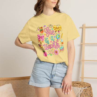 Teacher T-Shirt — "She is a Teacher" Cute School Supplies Design