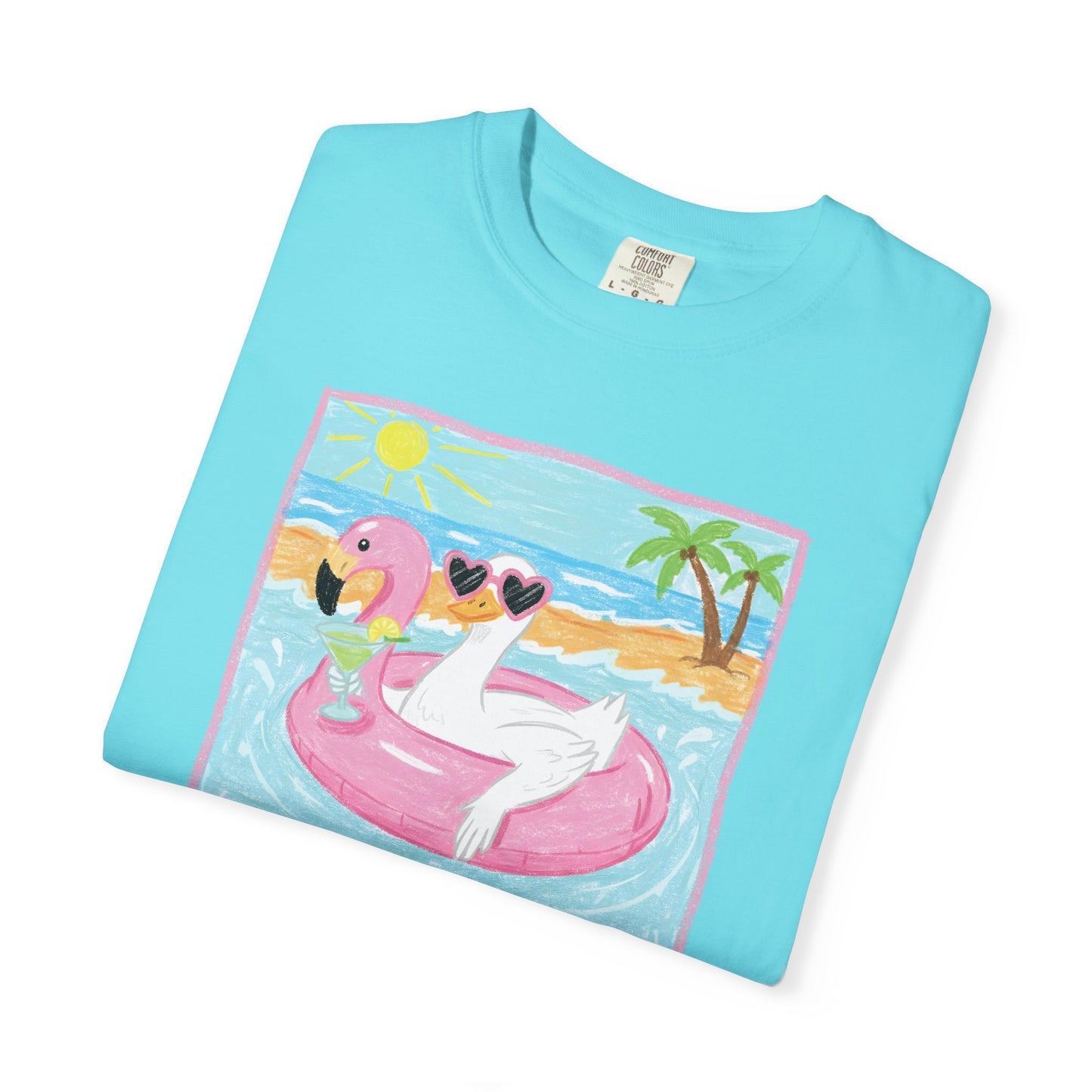 Summer Flamingo Pool Float T-Shirt – ‘Good Vibes & Sunshine’ Beach Tee