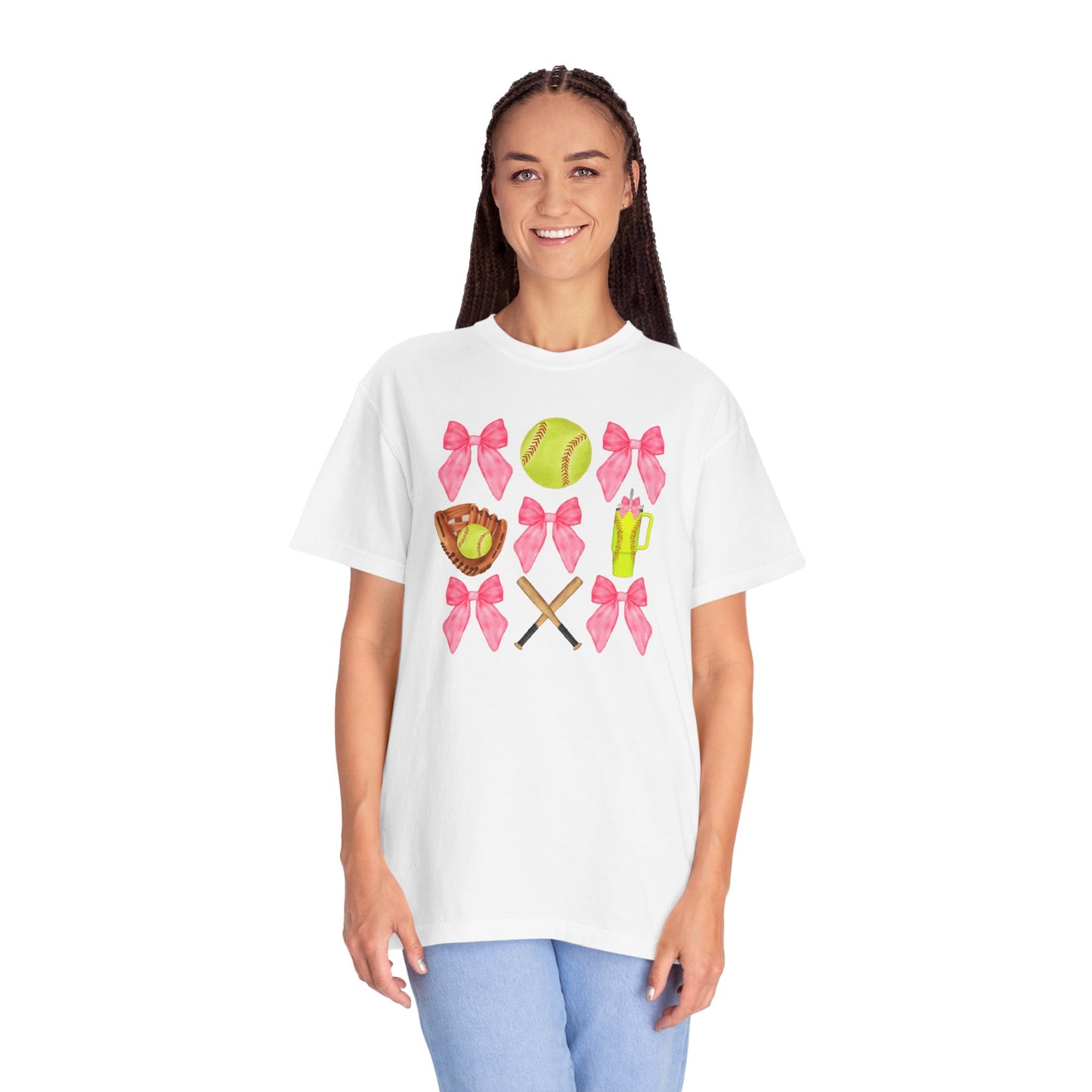 Softball Mom Graphic T‑Shirt — Pink Bows, Glove & Bat Design