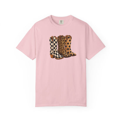Cowgirl Boots Graphic T-Shirt — Checker & Leopard Print Western Tee