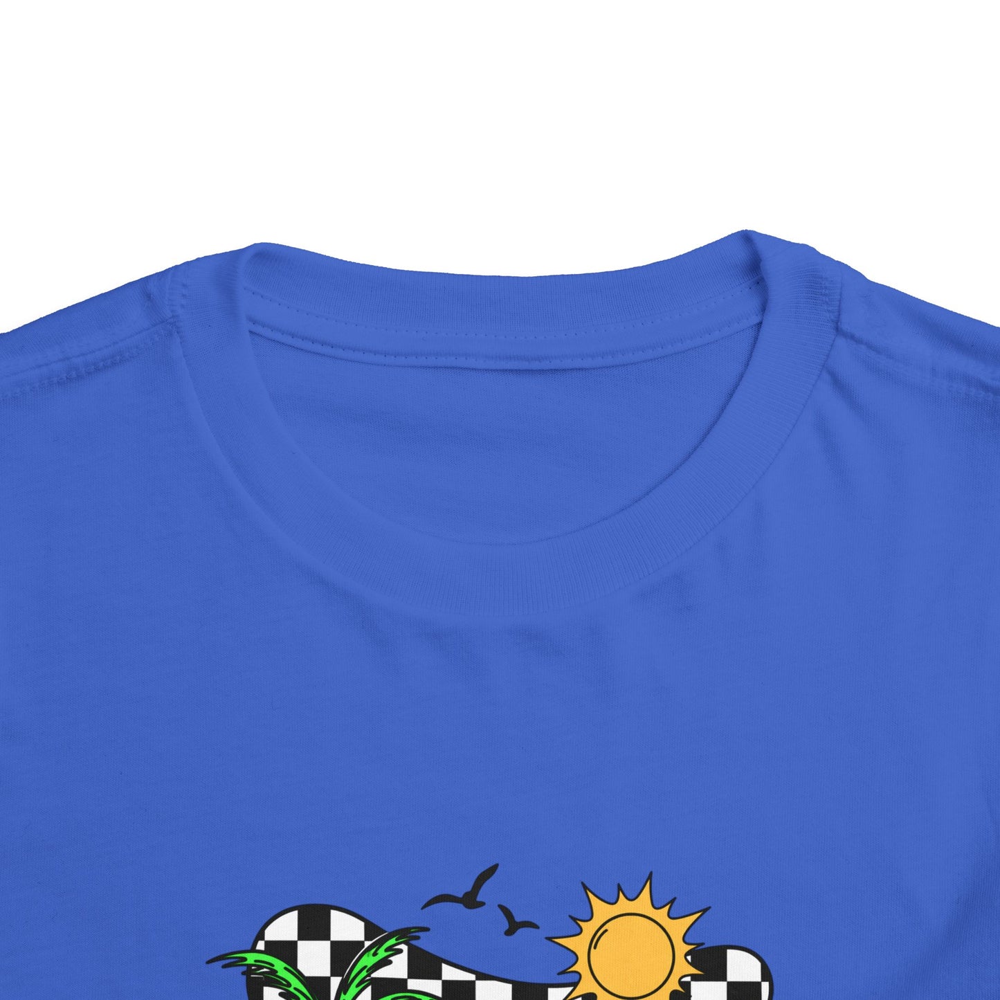 Toddler Tee — "Beach Vibes" Surfboard & Palm Tree Graphic
