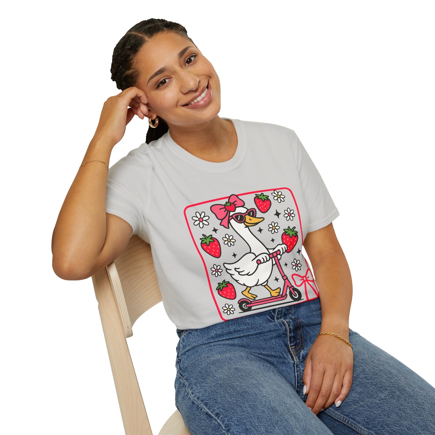 Cute Goose on Scooter T‑Shirt — Strawberry & Bow Graphic Tee