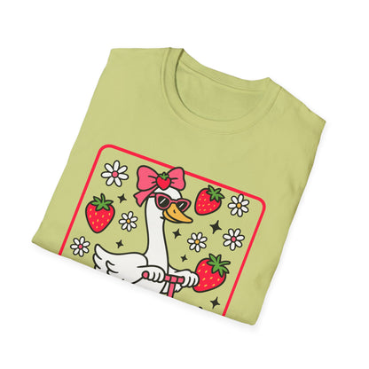 Cute Goose on Scooter T‑Shirt — Strawberry & Bow Graphic Tee