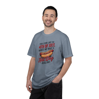 4th of July Hot Dog Graphic T-Shirt — "You Look Like the 4th of July, Makes Me Want a Hot Dog Real Bad"