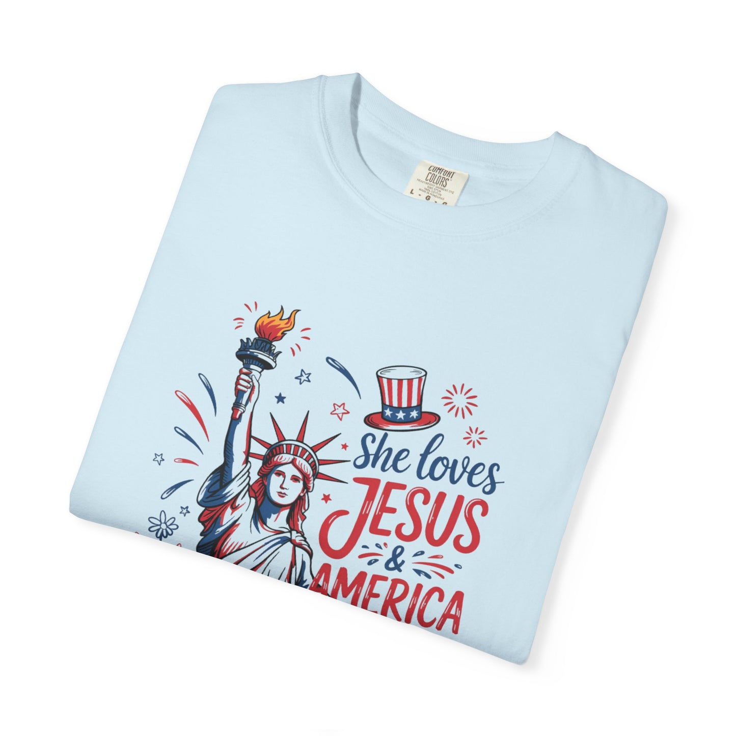 She Loves Jesus & America Tee — Patriotic Statue of Liberty Christian T-Shirt