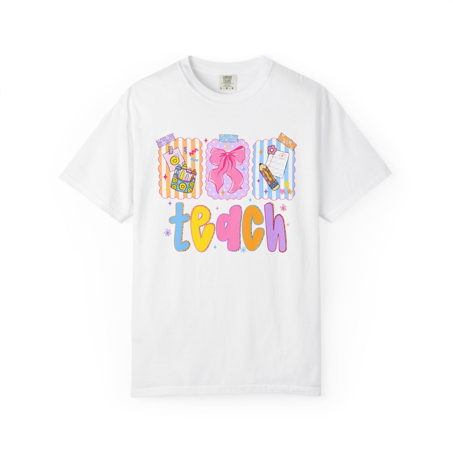 Teacher Gift T‑Shirt — Colorful 'Teach' Classroom Apple & Supplies Design