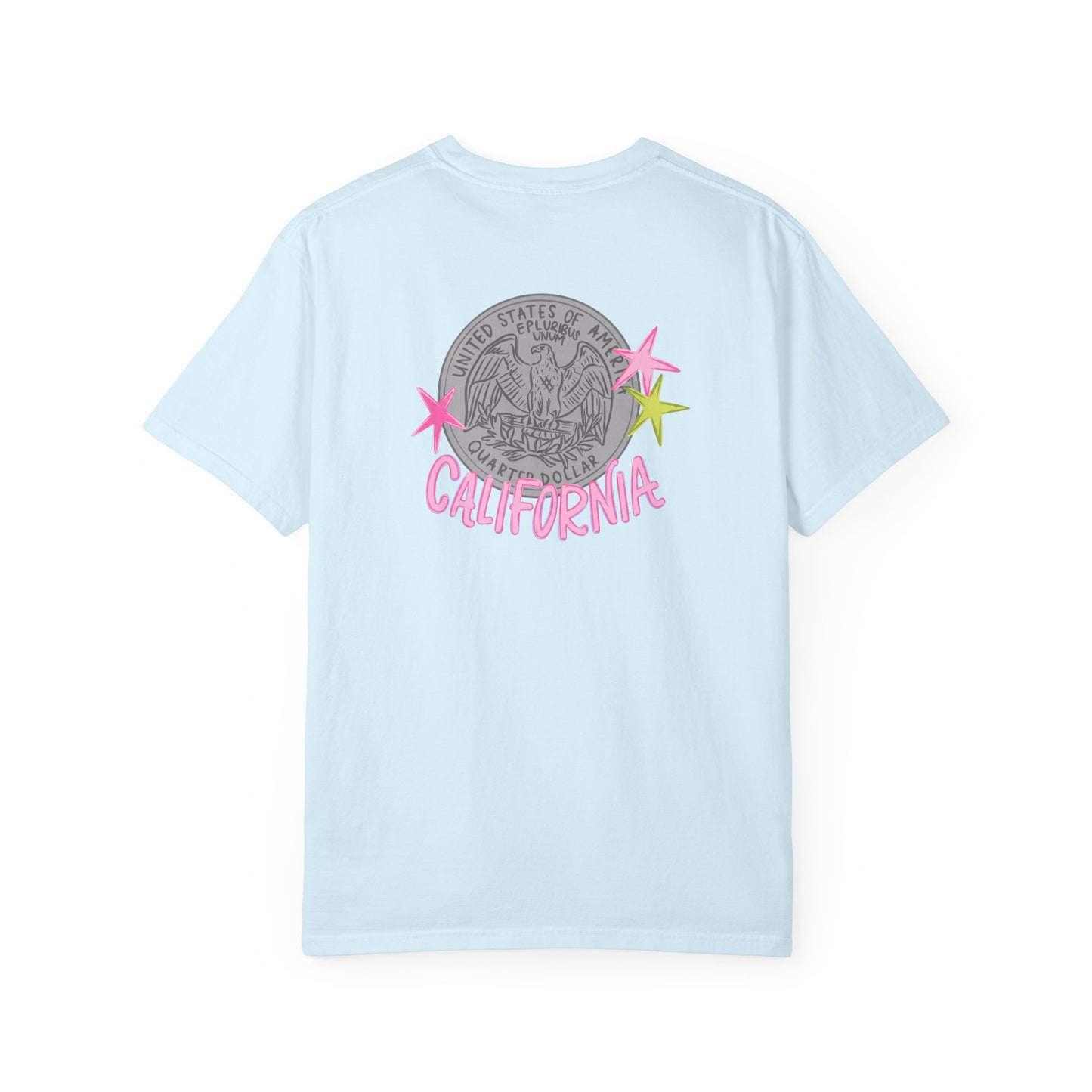 California Coin Graphic Tee — 'California' Retro Neon Stars T-Shirt