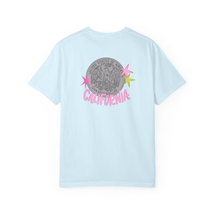 California Coin Graphic Tee — 'California' Retro Neon Stars T-Shirt