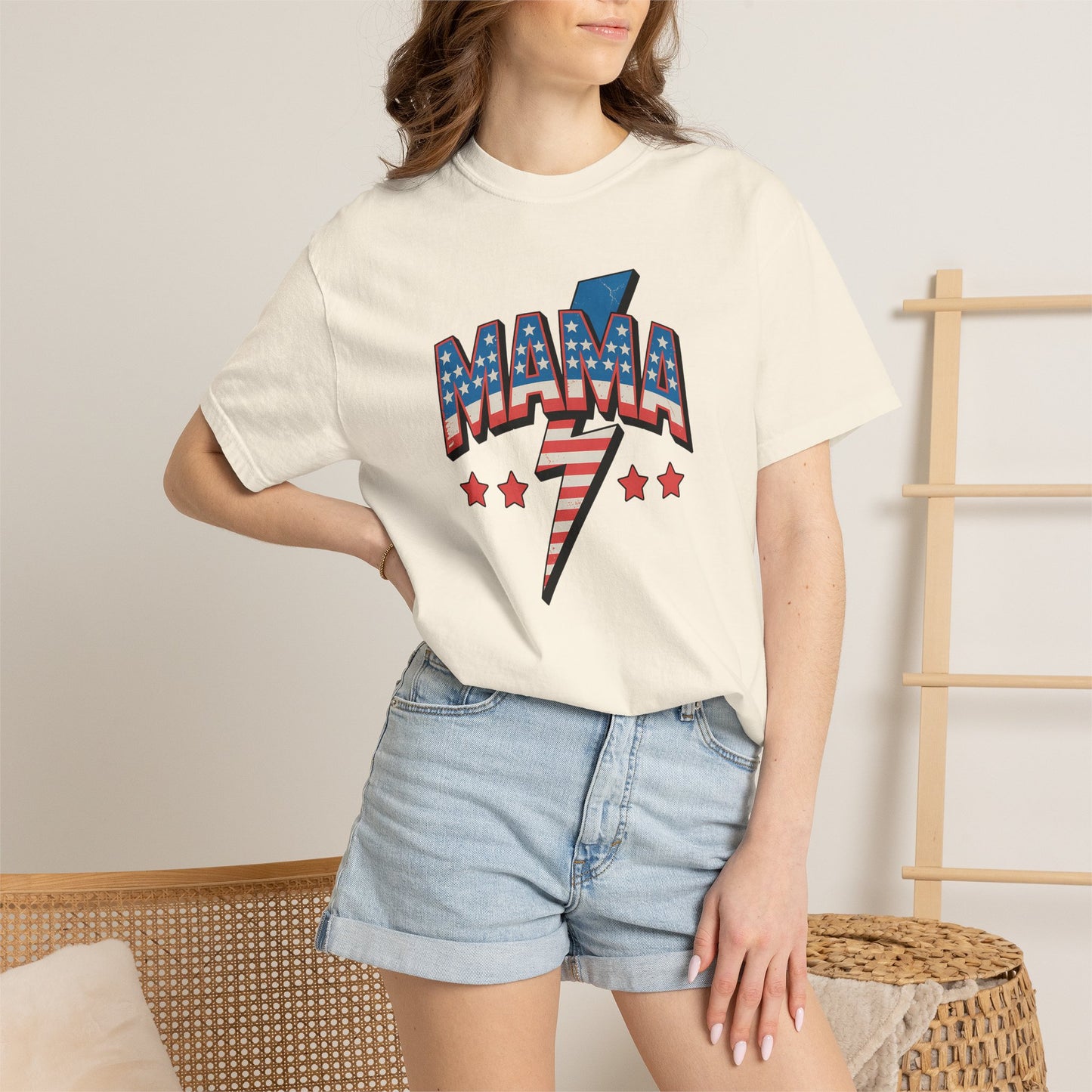 Mama Lightning Bolt Graphic Tee — Patriotic Stars & Stripes Mom T-Shirt