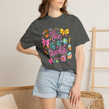 Teacher T-Shirt — "She is a Teacher" Cute School Supplies Design