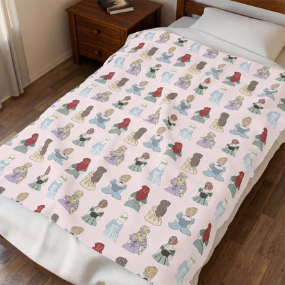 Princess Pattern Velveteen Plush Blanket – Cute Fairy Tale Dolls on Pink