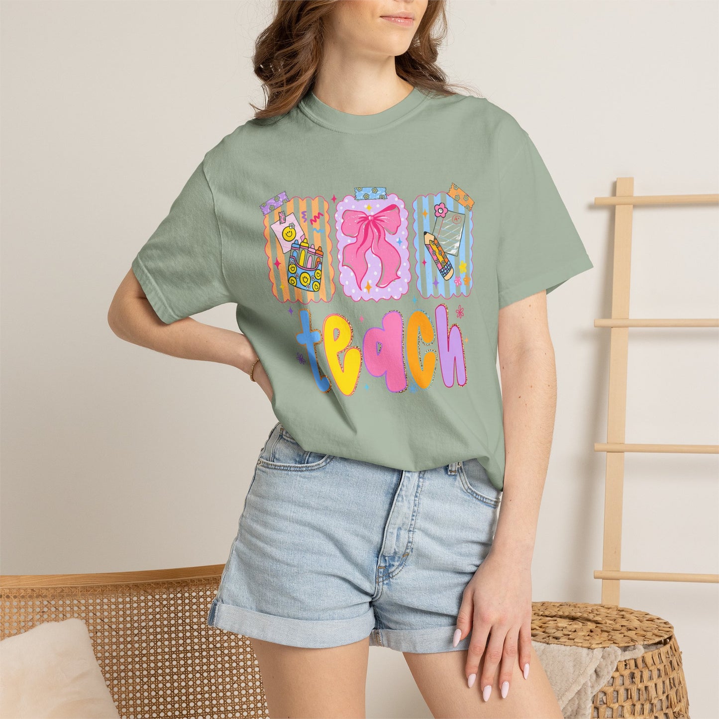 Teacher Gift T‑Shirt — Colorful 'Teach' Classroom Apple & Supplies Design