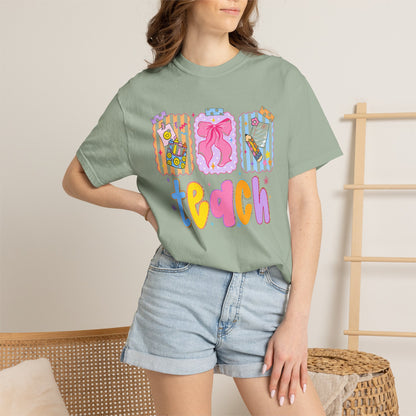 Teacher Gift T‑Shirt — Colorful 'Teach' Classroom Apple & Supplies Design