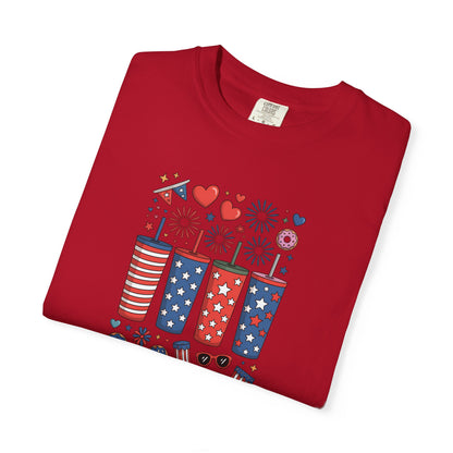 Patriotic Fireworks Cups T-Shirt — USA 4th of July Graphic Tee