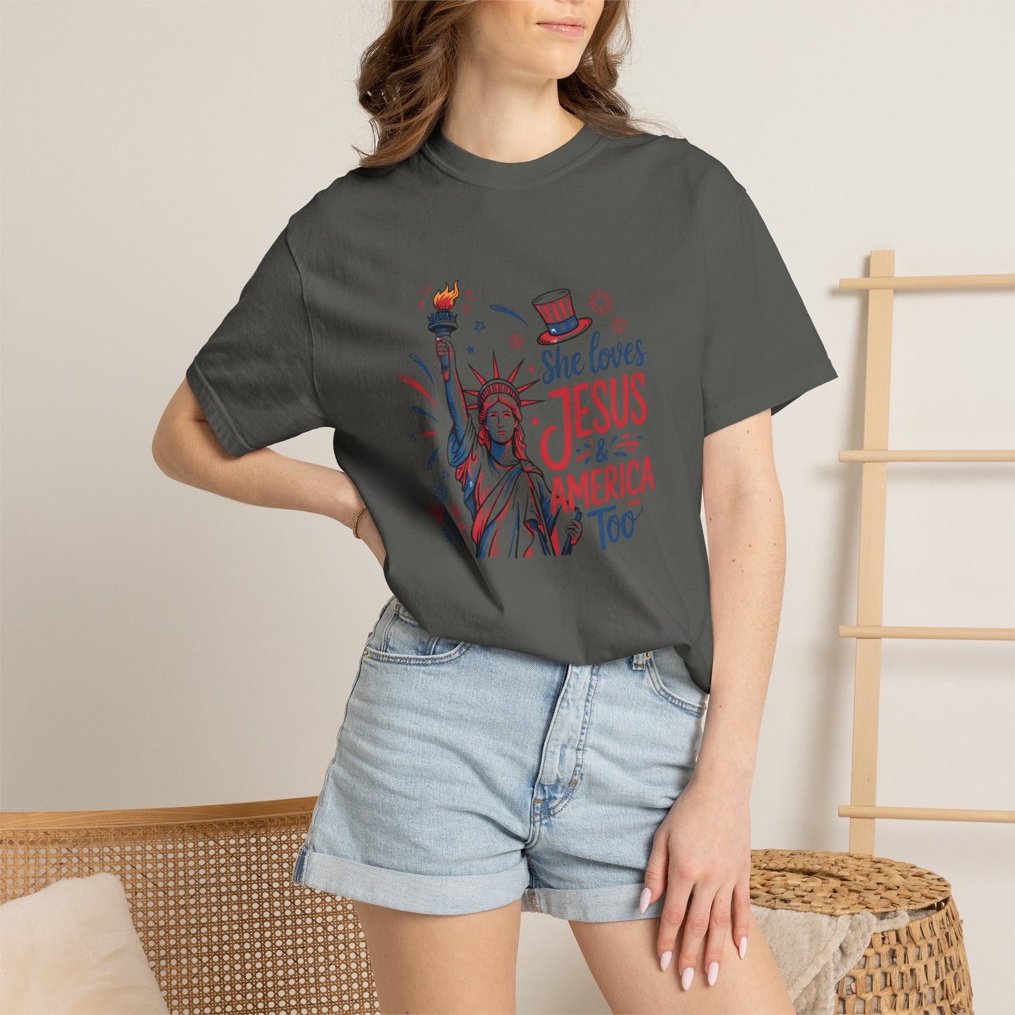 She Loves Jesus & America Tee — Patriotic Statue of Liberty Christian T-Shirt