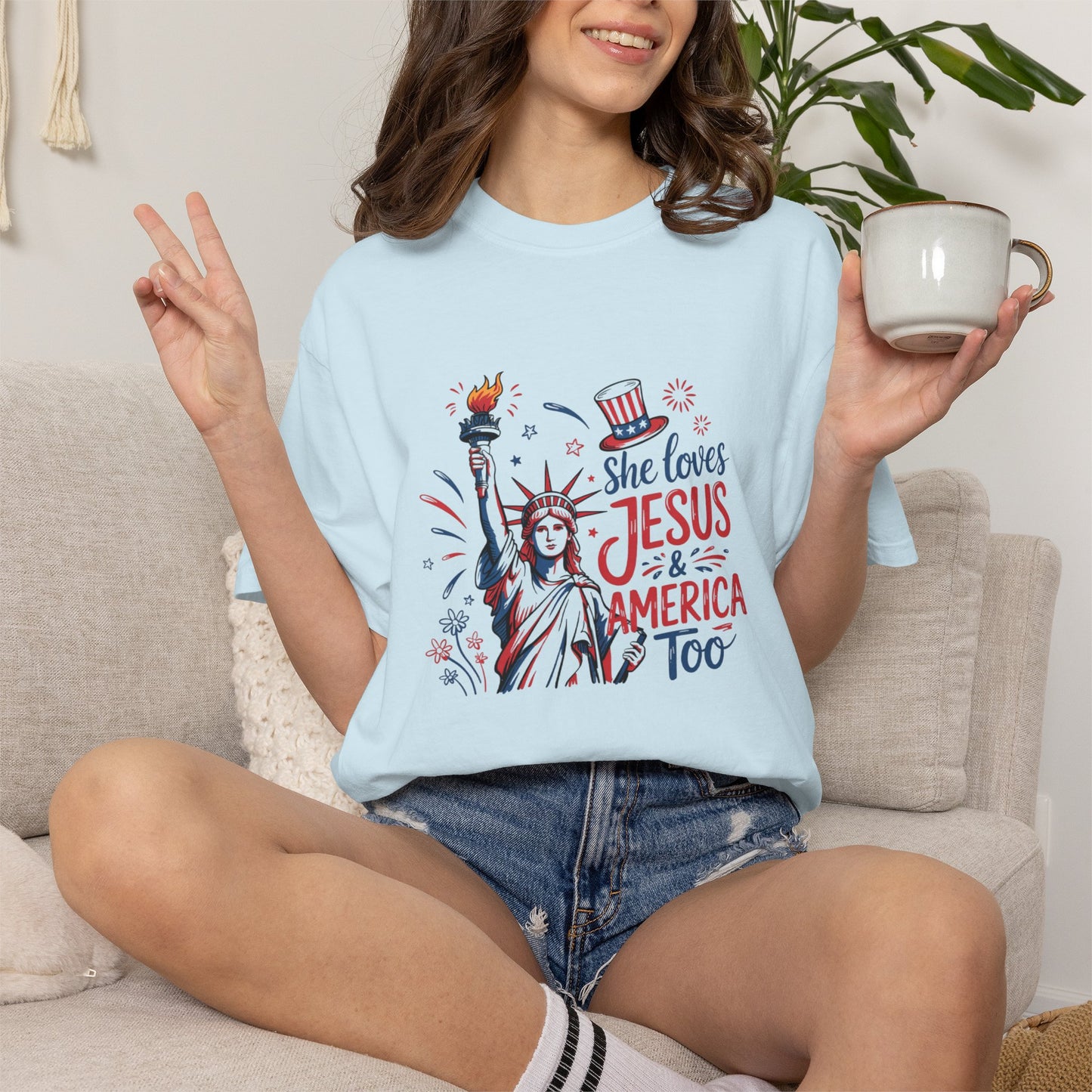 She Loves Jesus & America Tee — Patriotic Statue of Liberty Christian T-Shirt