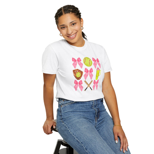 Softball Mom Graphic T‑Shirt — Pink Bows, Glove & Bat Design