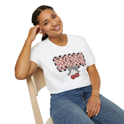 Cherry Pattern Graphic T-Shirt — Checker Bow & Double Cherries Design
