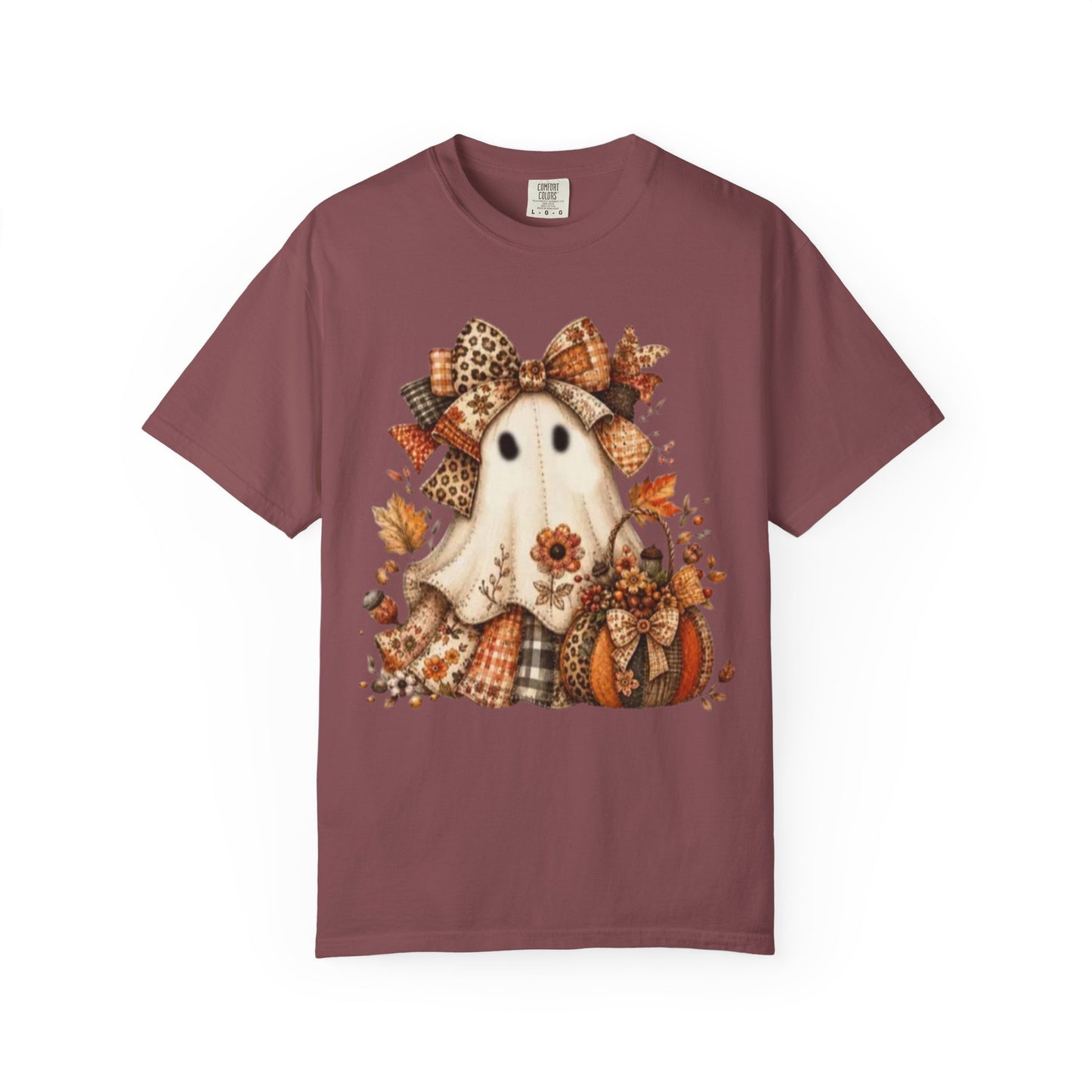 Cute Autumn Ghost T-Shirt — Fall Pumpkin & Plaid Halloween Tee